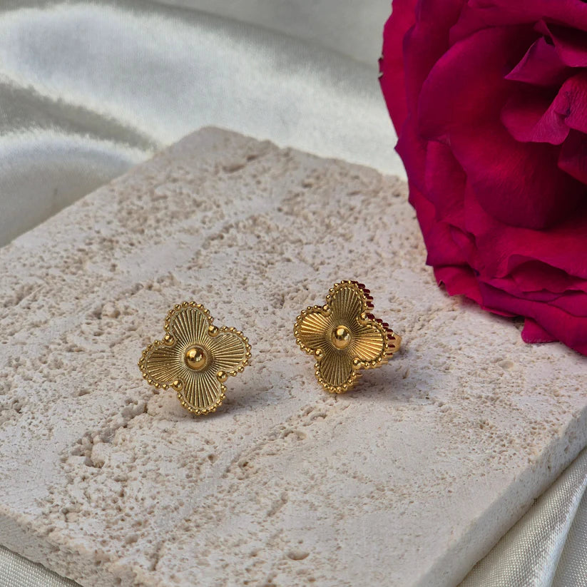 Anti-Tarnish Textured Clover Stud Earrings - Gold Plated Daily Wear