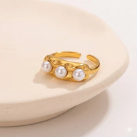 Textured Triple Pearl Anti-Tarnish Ring - 18K Gold Plated Adjustable Band