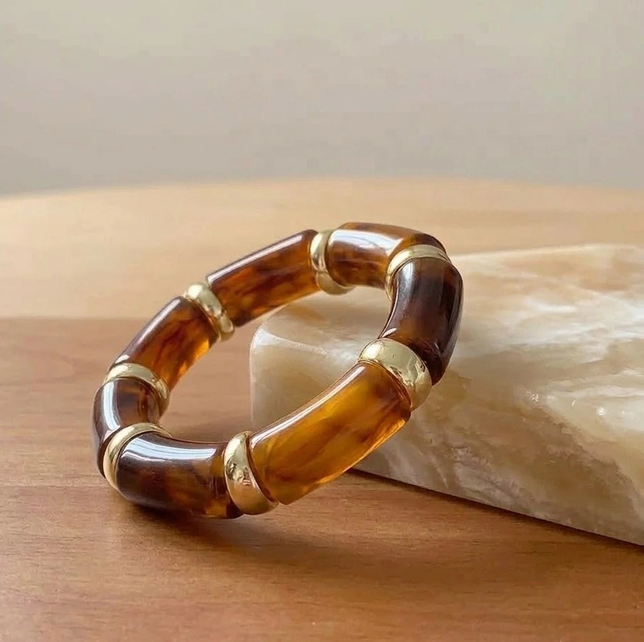 Vintage Amber Acrylic Statement Bracelet - Chunky Geometric Stretch Bangle