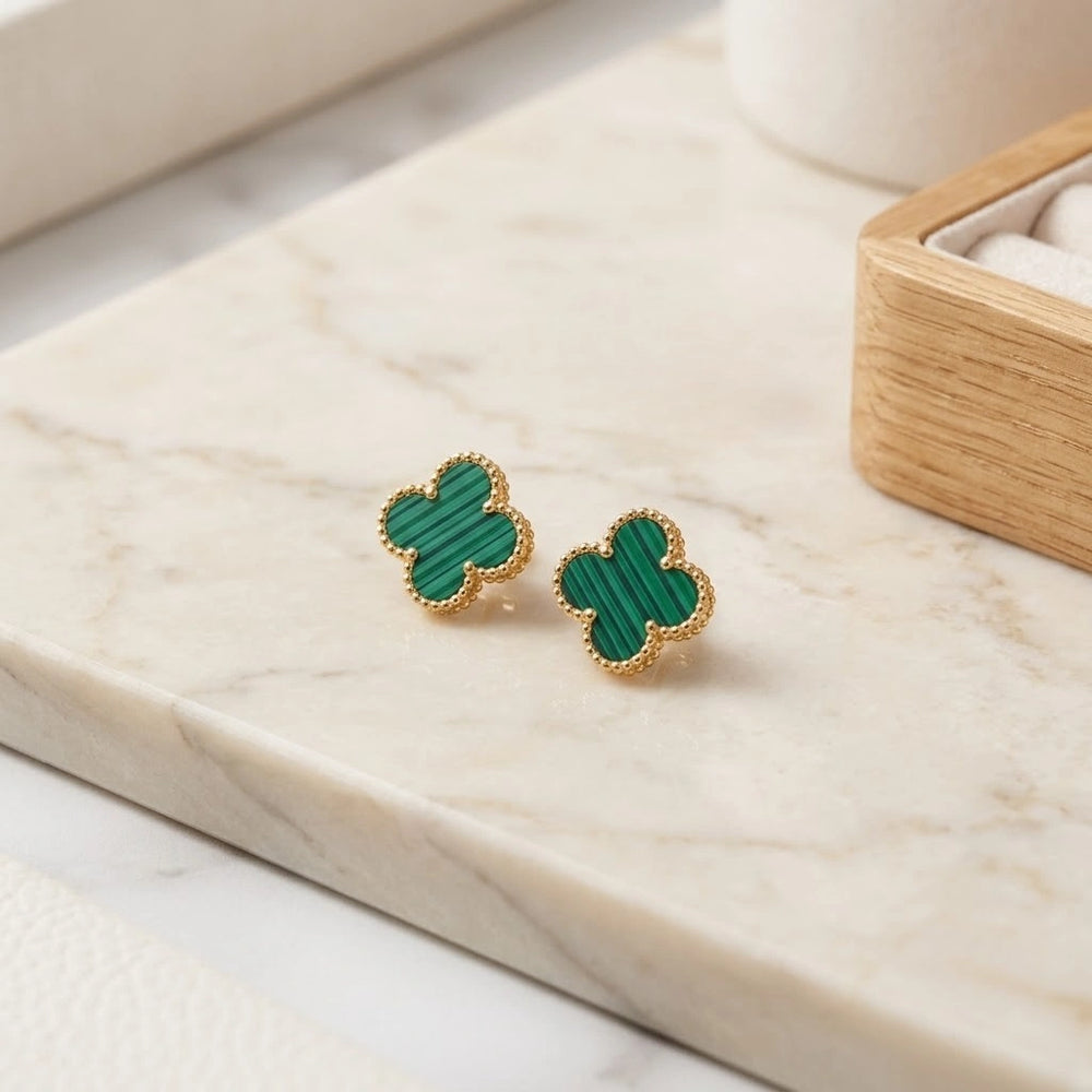 Green Clover Stud Earrings | Anti Tarnish Gold Plated