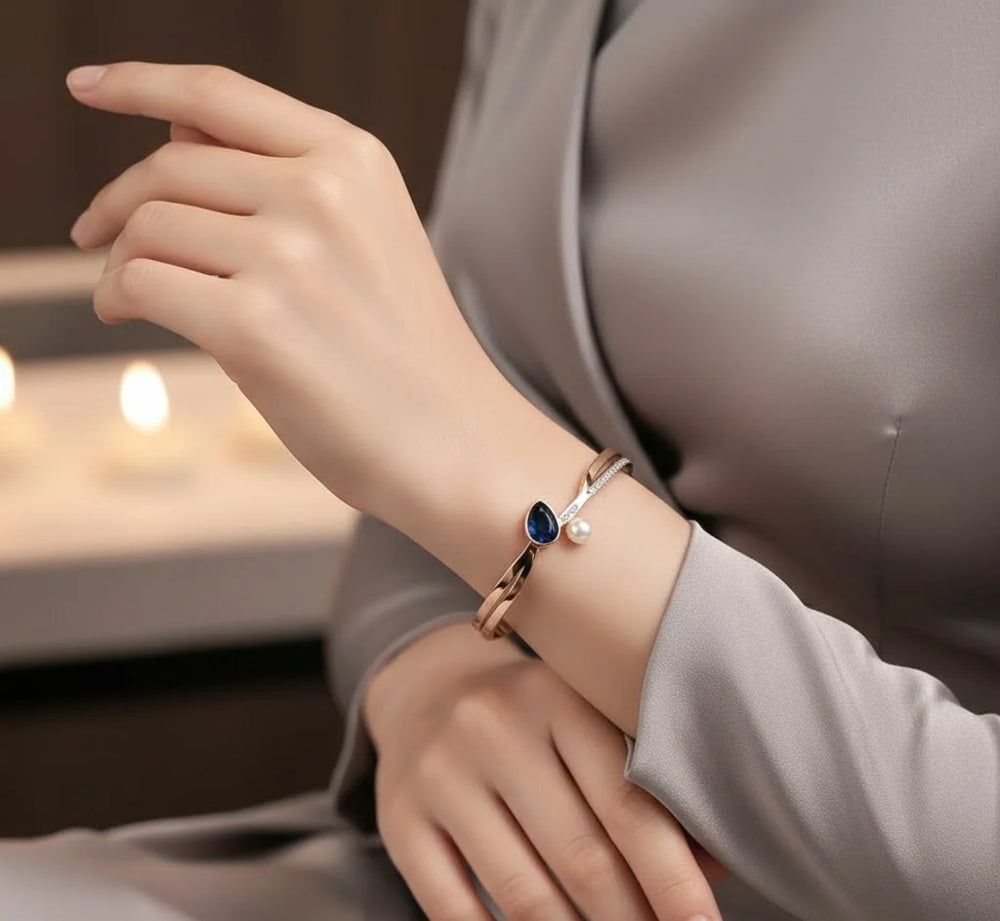 Teardrop Blue Stone & Pearl Anti-Tarnish Cuff Bracelet | Rose Gold Plated Korean Fashion Jewelry