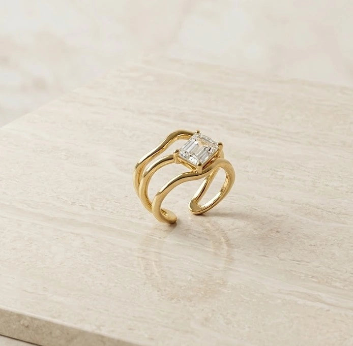 Wavy Triple Band Emerald Cut Ring | Anti-Tarnish Finish