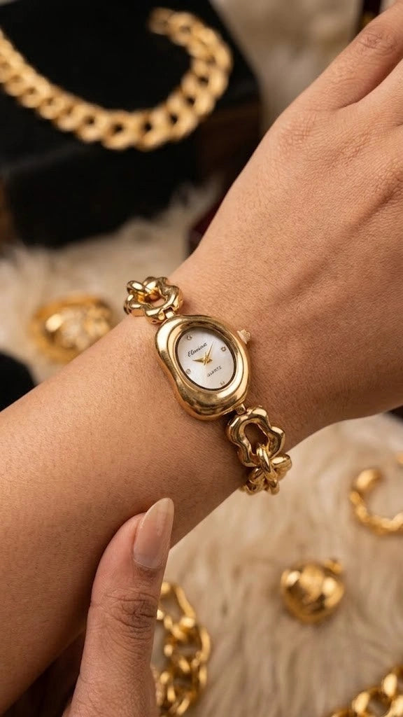 Anti-Tarnish Gold Plated Wavy Dial Watch - Minimalist Chain Design