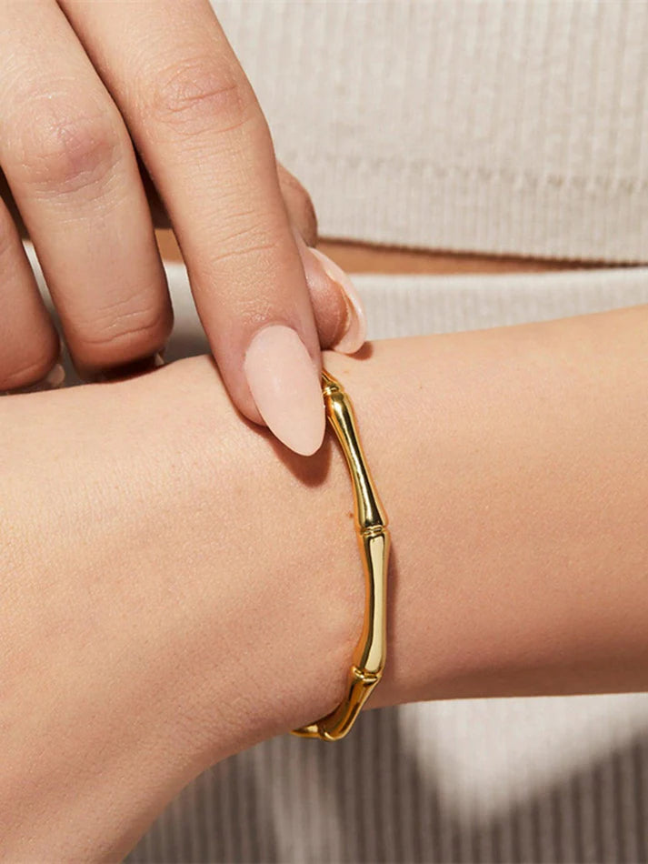 Bamboo Design Gold Plated Open Cuff Bracelet | Anti-Tarnish Korean Style Bangle