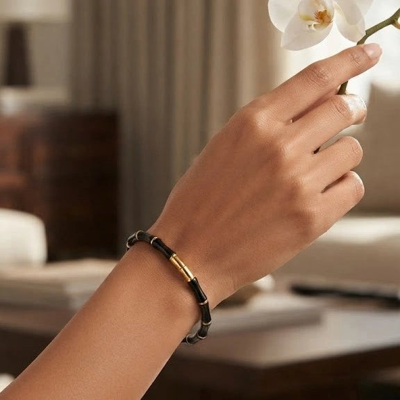 Minimalist Black Bamboo Bracelet - Anti Tarnish Gold Plated Accessory