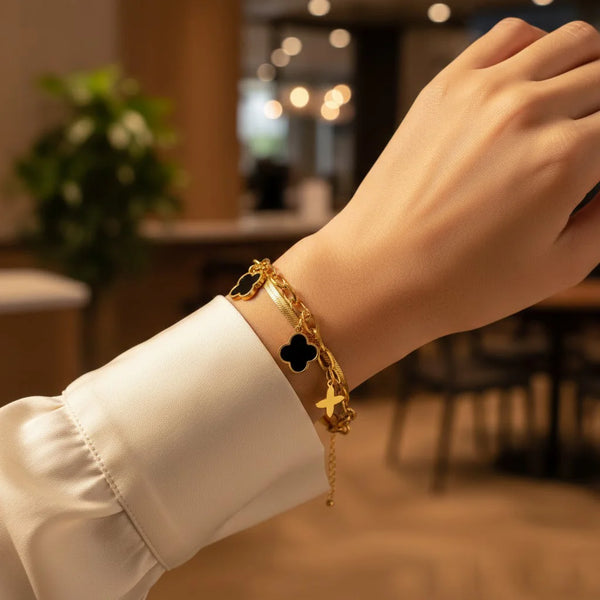 Black Clover & Geometric Charm Double Layer Bracelet - Anti-Tarnish Gold Plated Korean Style Hand Jewellery for Women
