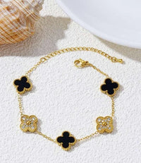 Black & Crystal Clover Anti-Tarnish Gold Plated Bracelet
