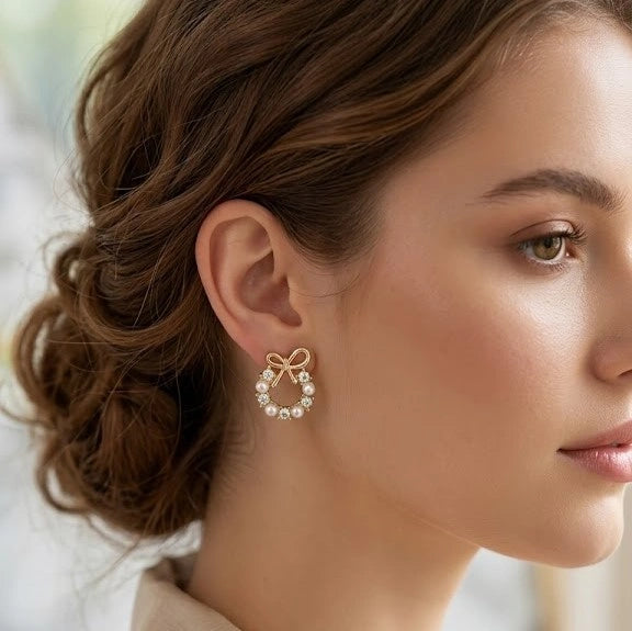 Pearl Bow Wreath Crystal Stud Earrings - Dainty Coquette Fashion Jewelry