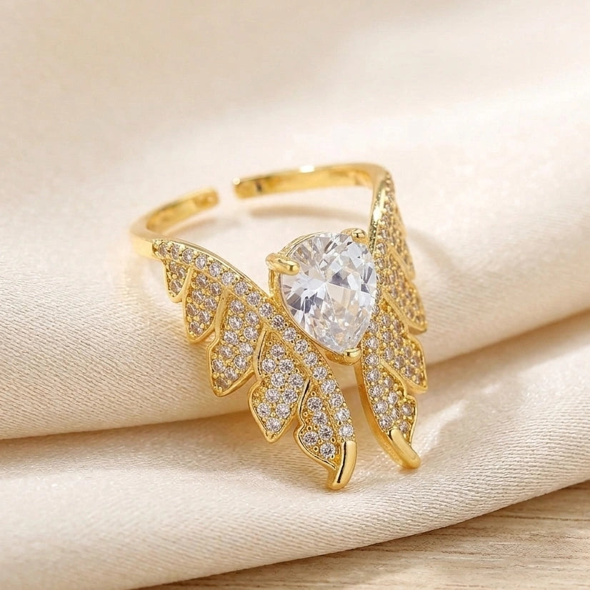 Angel Wing Teardrop Crystal Ring - High Quality Adjustable Gold Fashion Jewelry