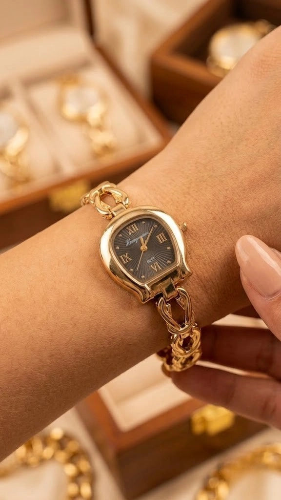 Vintage Aesthetic Anti-Tarnish Gold Plated Watch | Black Dial