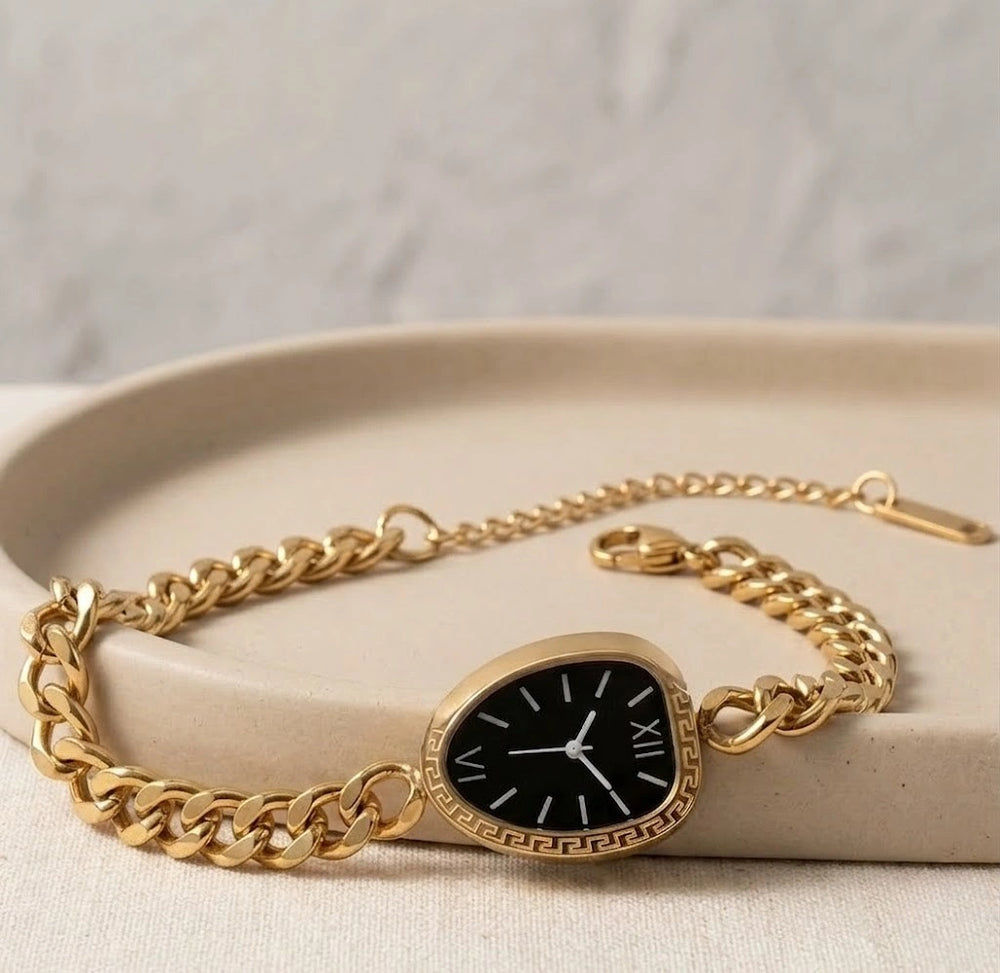 Vintage Black Dial Watch Bracelet - Anti-Tarnish Gold Plated Chunky Chain ( Dummy watch )