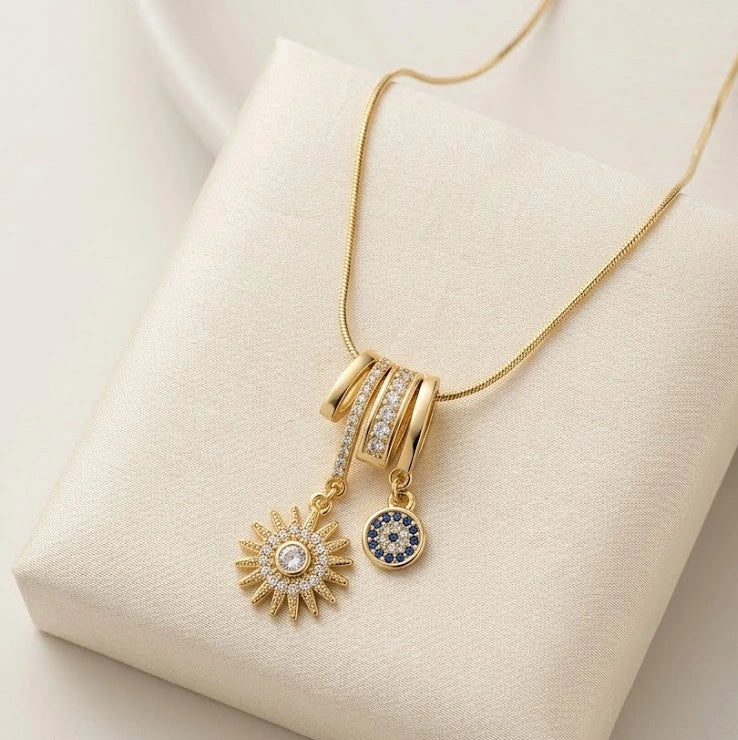 Evil Eye & Sunburst Charm Necklace | Anti-Tarnish Gold Plated Snake Chain