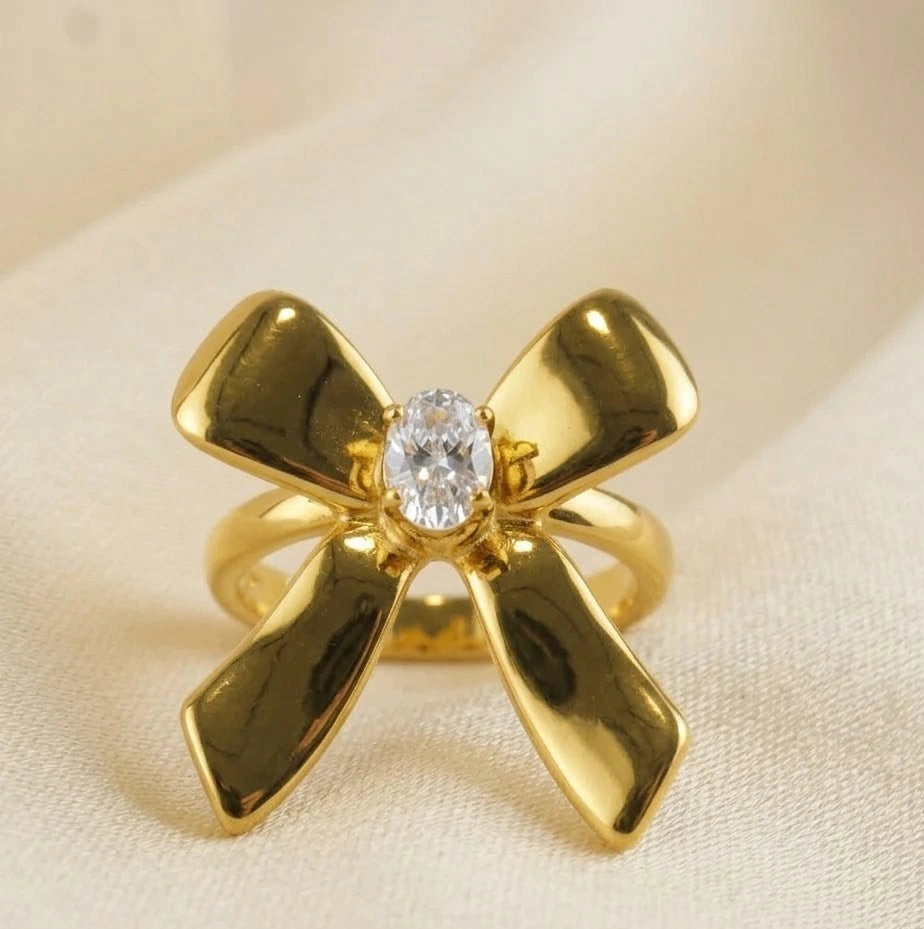 Oversized Ribbon Bow Statement Ring - Anti Tarnish Gold Plated