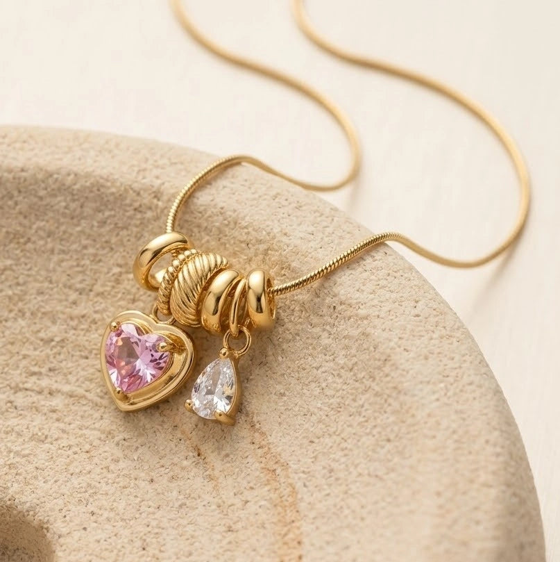 Pink Heart Charm Pendant Necklace | Anti-Tarnish Gold-Plated Layered Look