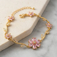 Pink Floral Cherry Blossom Anti-Tarnish Gold Plated Bracelet