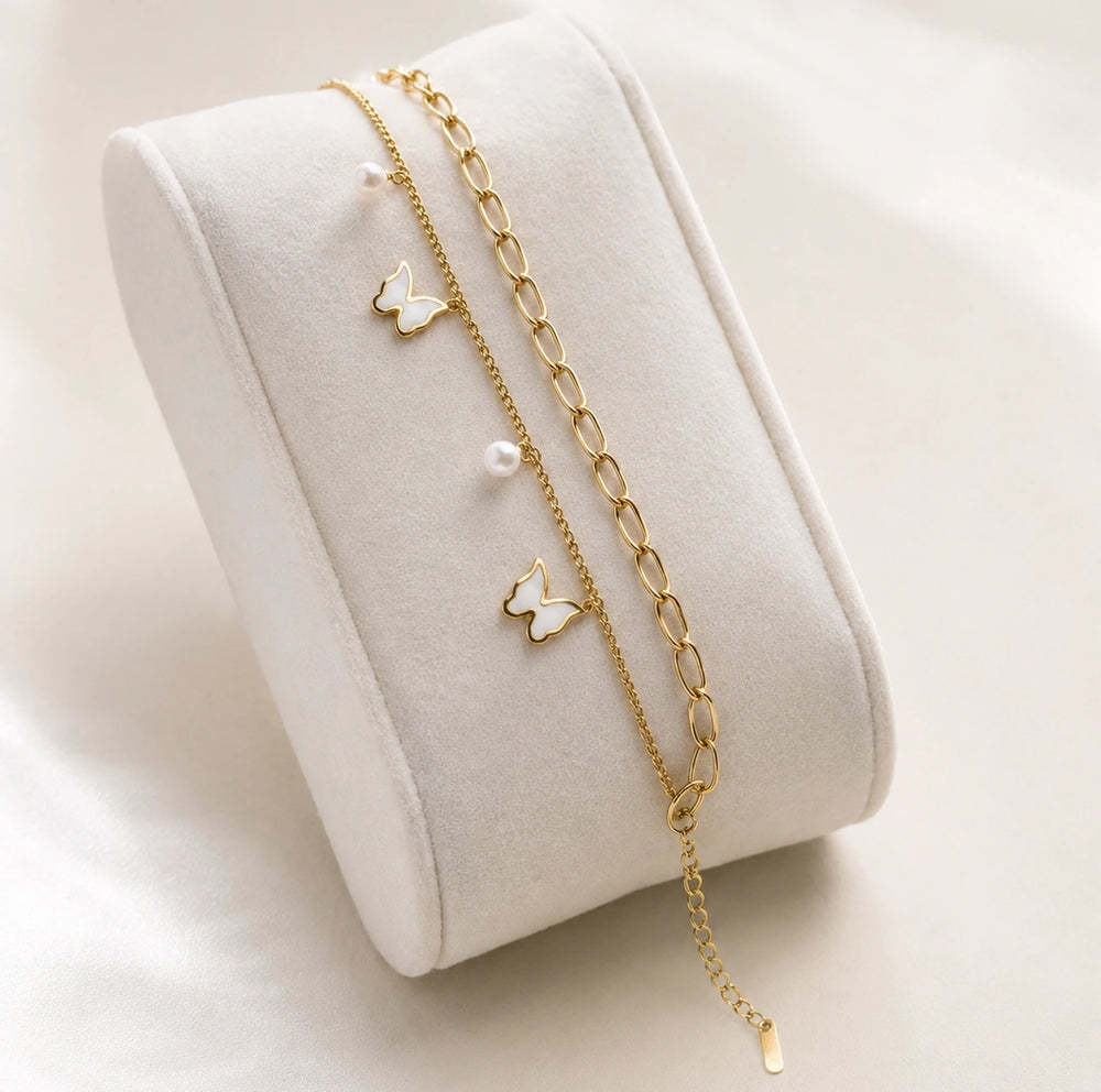 Butterfly & Pearl Layered Charm Bracelet | Anti-Tarnish Gold Plated