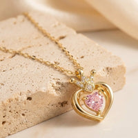 Pink Heart Crown Princess Necklace - Anti-Tarnish Gold Plated