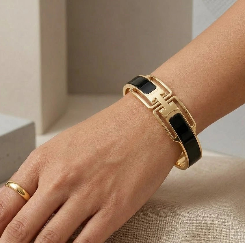 H Design Geometric Black & Anti Tarnish Gold Plated Bracelet | Moncheri Jewels