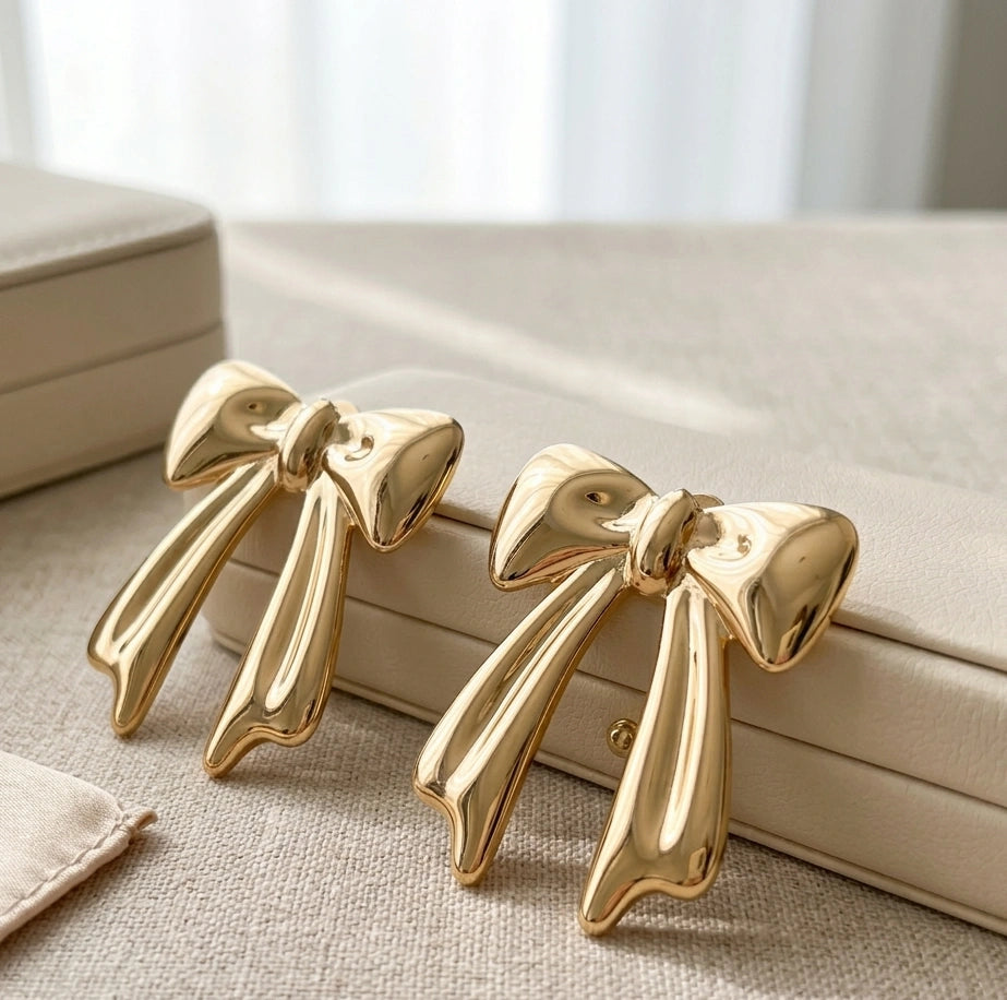 Gold Bow Stud Earrings for Women | Elegant Ribbon Fashion Jewelry