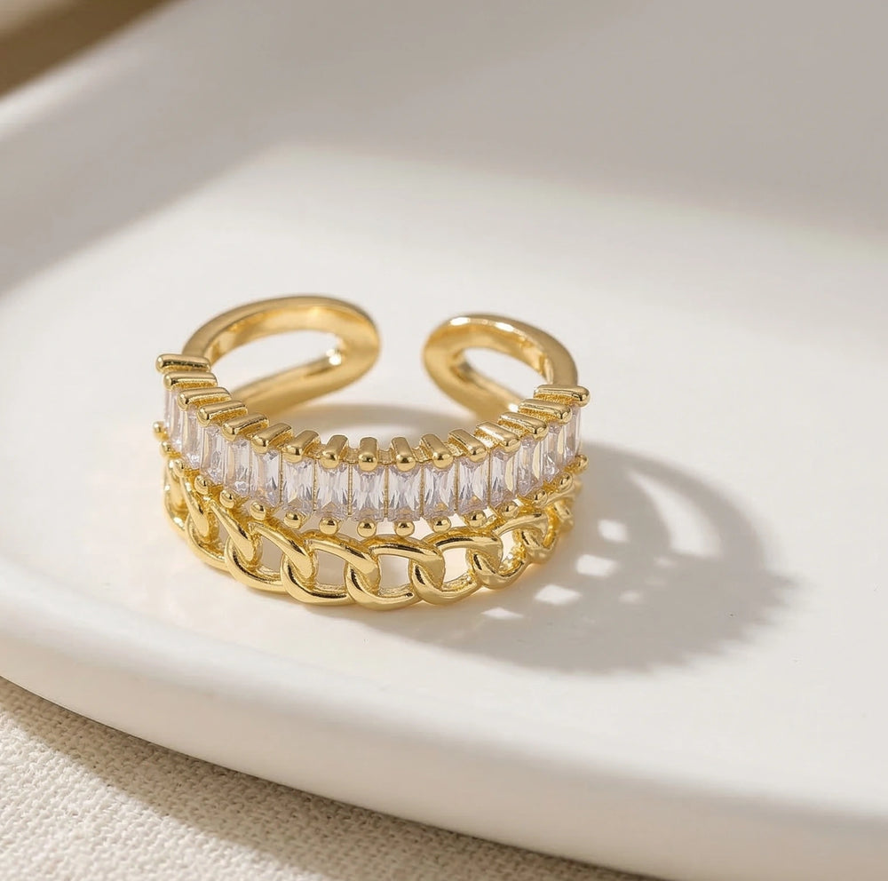 Gold Baguette & Chain Link Stackable Fashion Ring for Women