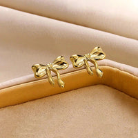 Anti-Tarnish Gold Plated Bow Earrings – Korean Style Ribbon Studs for Women