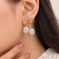 Coquette Bow & Pearl Tulip Drop Earrings - High Quality Korean Fashion Jewelry