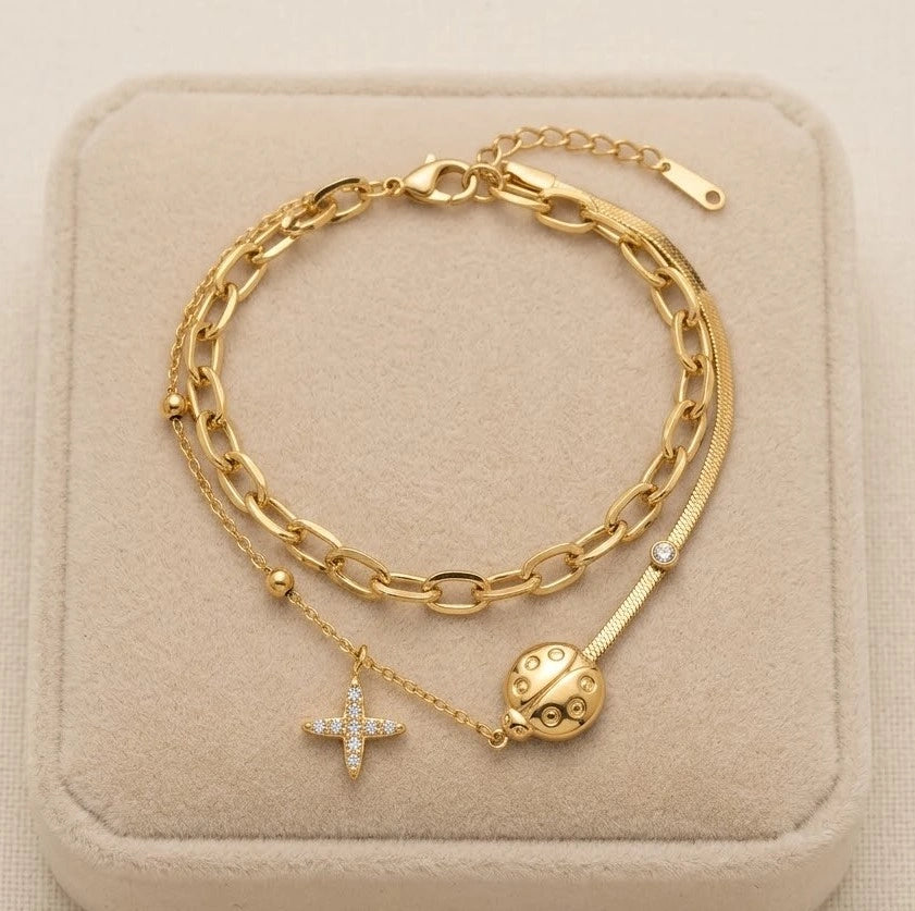 Butterfly Charm Beaded Bracelet - Anti-Tarnish Gold Plated