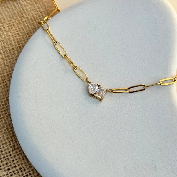 Anti-Tarnish Gold Plated Paperclip Necklace | Two-Stone CZ Pendant
