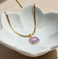 Purple Enamel Flower Pendant Necklace with Snake Chain - Anti-Tarnish Gold Plated | Korean Style