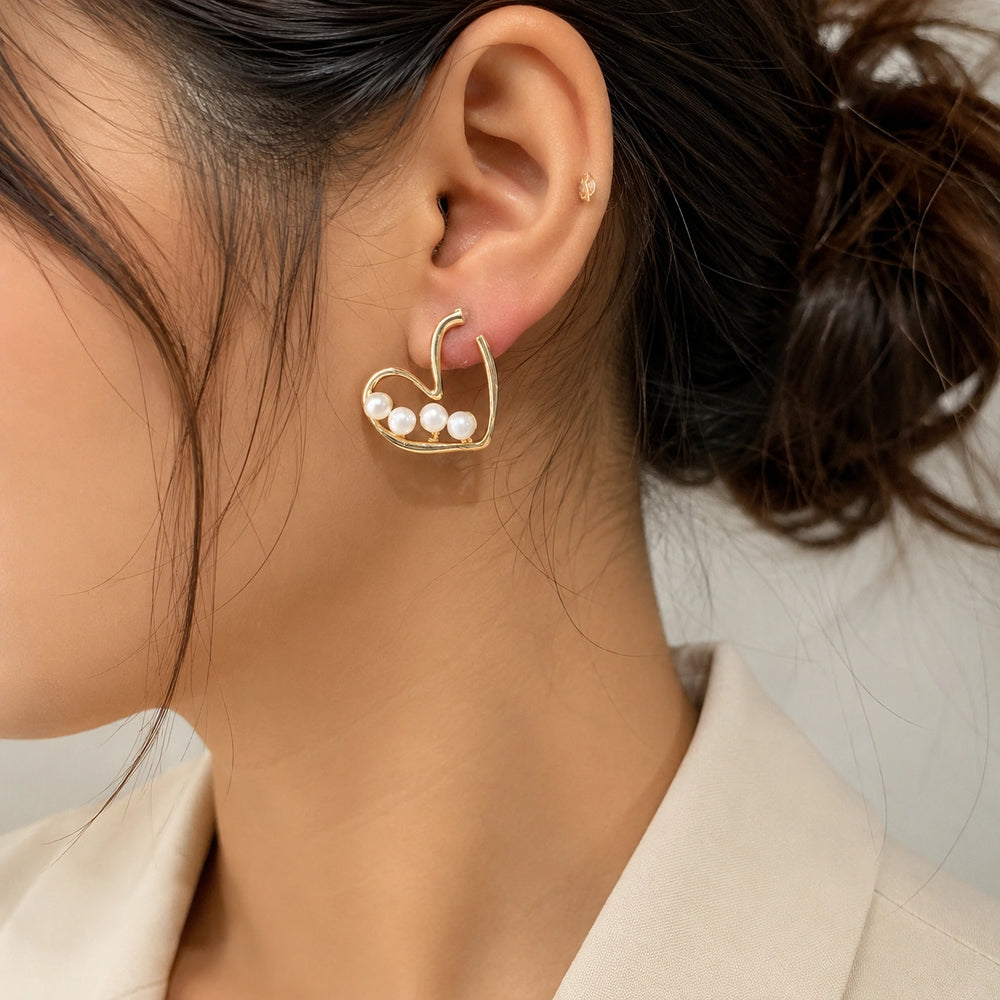Gold Plated Pearl Heart Earrings - Minimalist Korean Fashion Jewelry