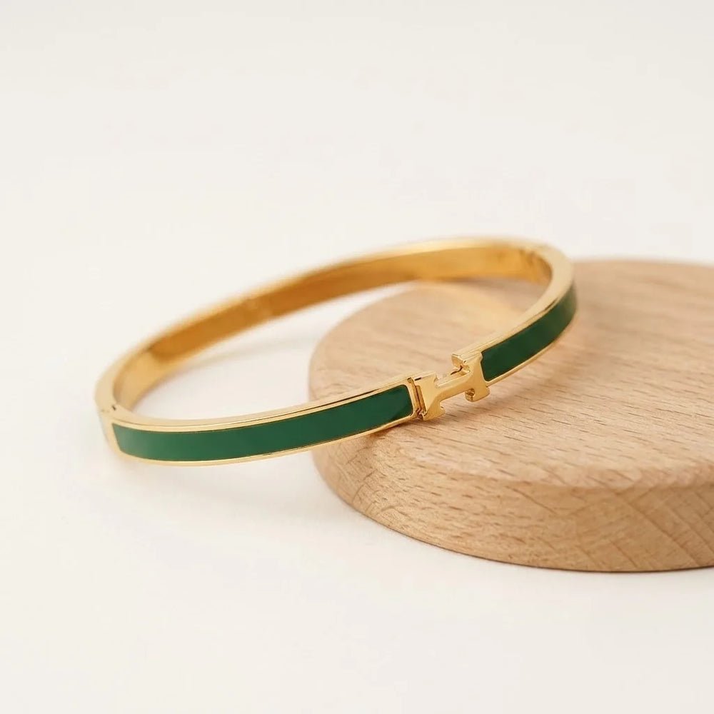 Green Enamel H Bangle | Anti-Tarnish Gold Plated Bracelet | Moncheri Jewels