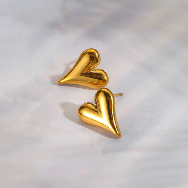 Puffy Heart Stud Earrings - Anti-Tarnish Gold Plated | 3D Design