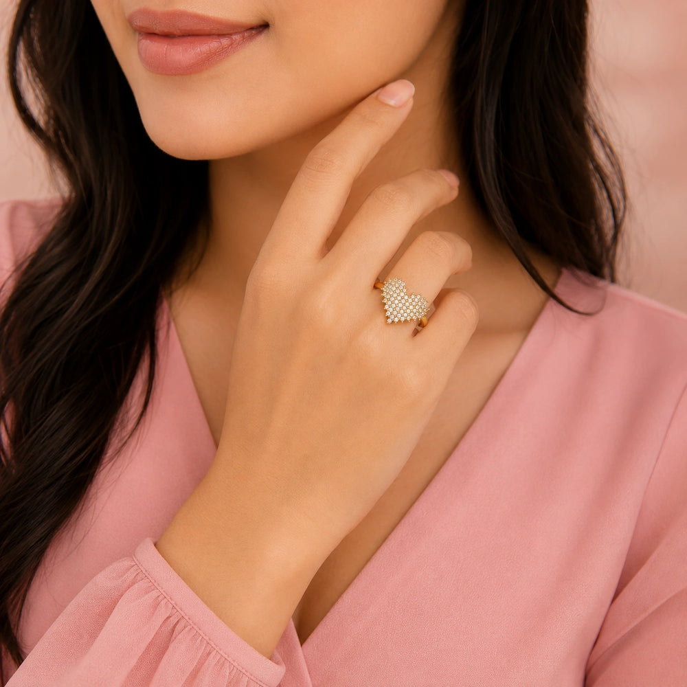 Anti-Tarnish Gold Plated CZ Heart Ring | Adjustable Statement Jewelry for Women