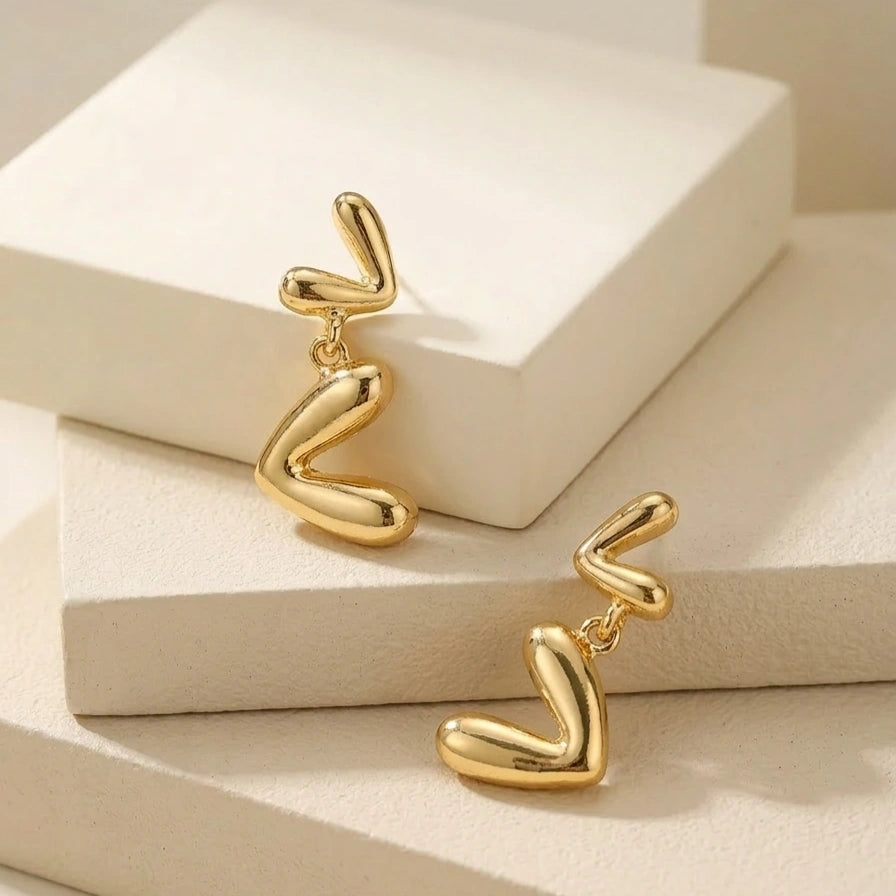 Abstract Heart Drop Gold Earrings | Modern Geometric Fashion Jewelry