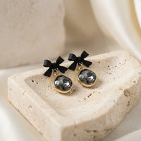 Black Bow Crystal Drop Earrings - Coquette Style Dangle Earrings