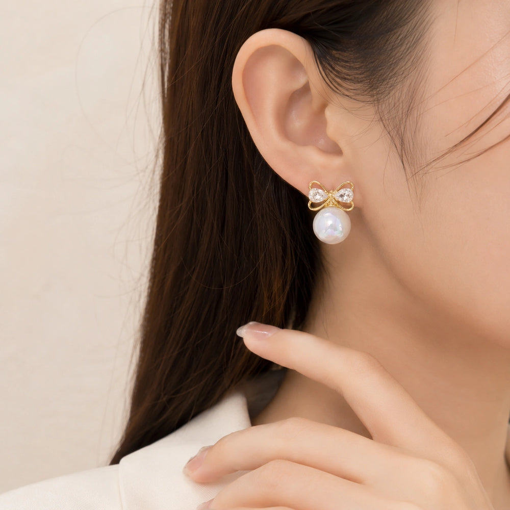 Korean Coquette Pearl Bow Drop Earrings -  Dainty Jewelry
