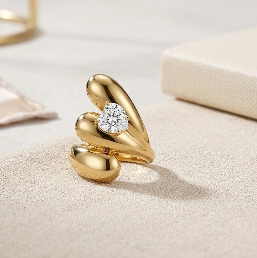 Korean Chunky Heart Statement Ring - Anti Tarnish Gold Plated