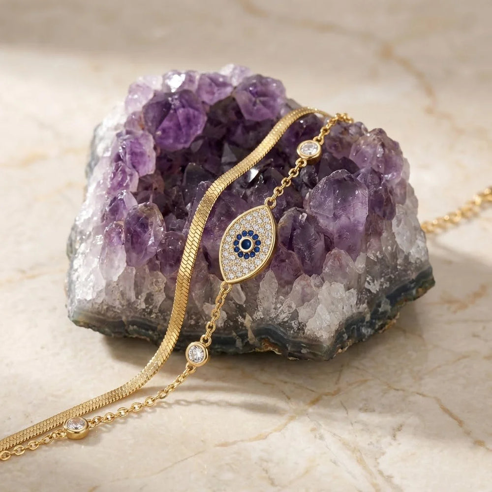 Evil Eye Layered Bracelet - Anti-Tarnish Gold Plated Snake Chain & Crystal Charm