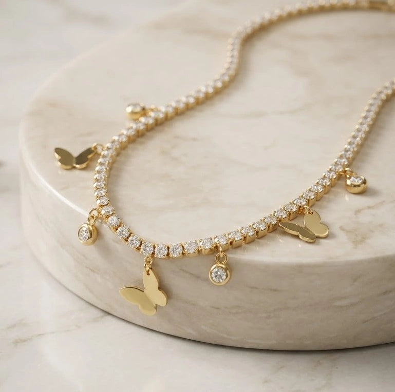 Korean Style Anti-Tarnish Gold-Plated Butterfly Tennis Necklace