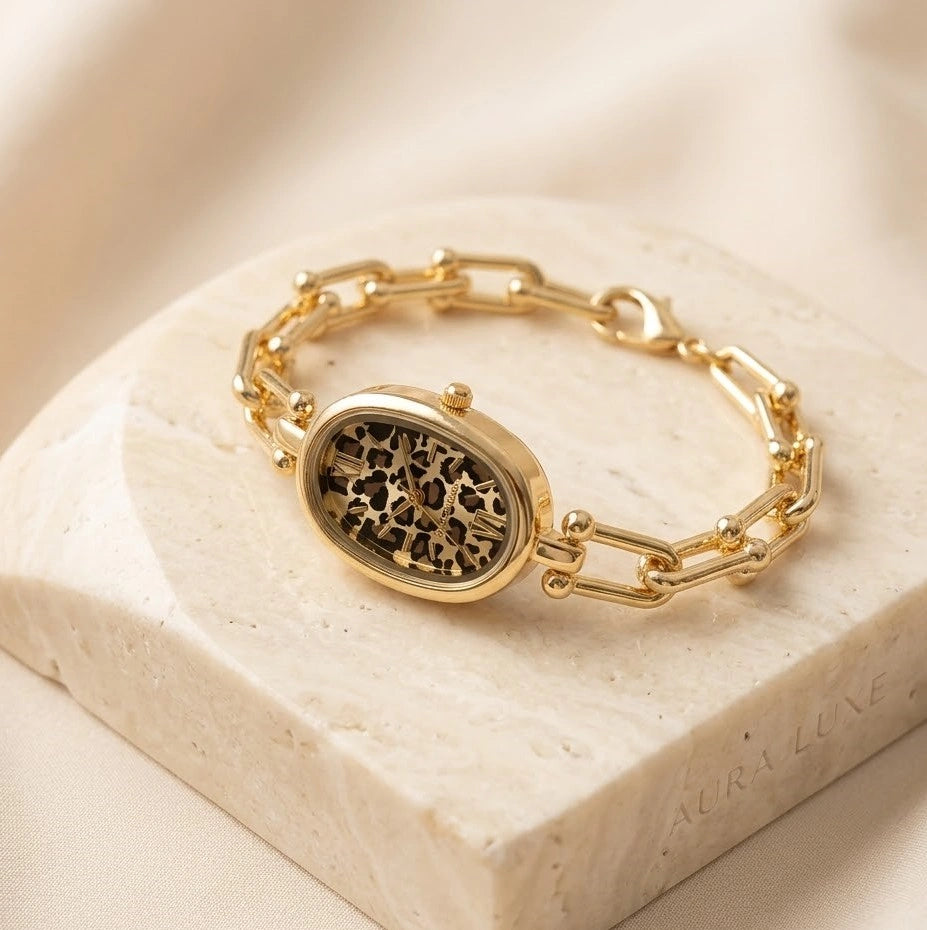 Vintage Leopard Dial Anti-Tarnish Gold Plated Chain Watch