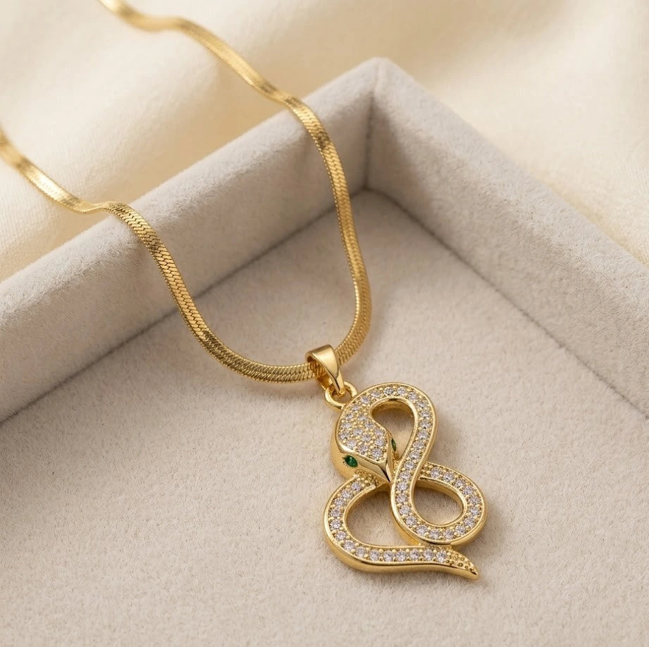 Crystal Serpent Snake Pendant Necklace - Anti-Tarnish Gold-Plated