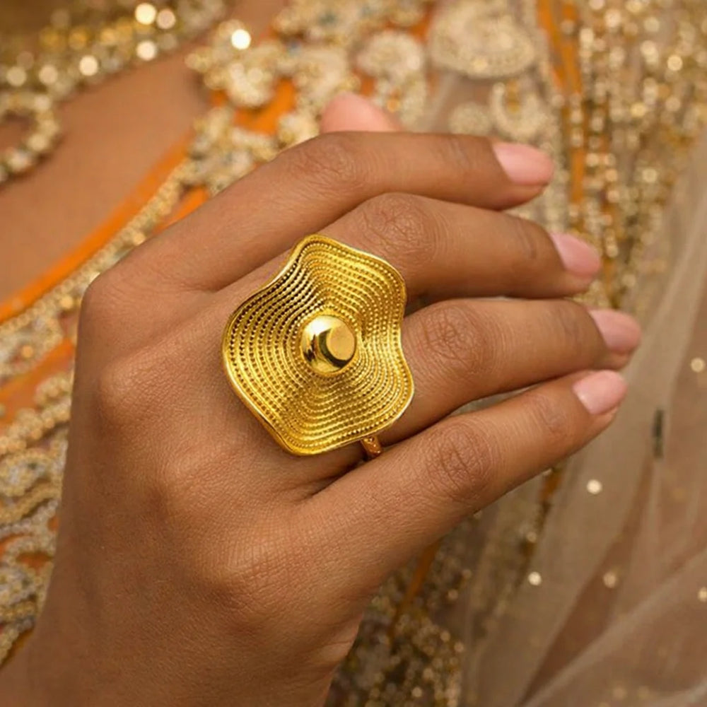 Sunburst Textured Gold Plated Statement Ring - Anti-Tarnish Abstract Wave Design for Women