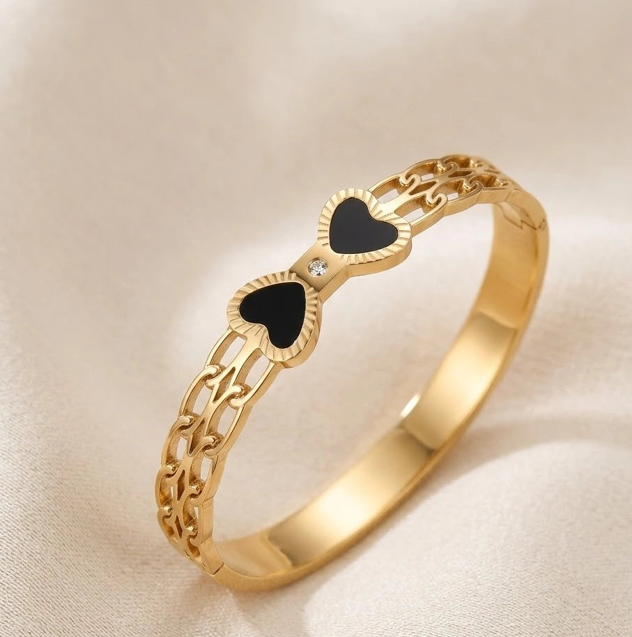 Black Enamel Bow Cuff Bracelet - Anti-Tarnish Gold Plated Bangle for Women
