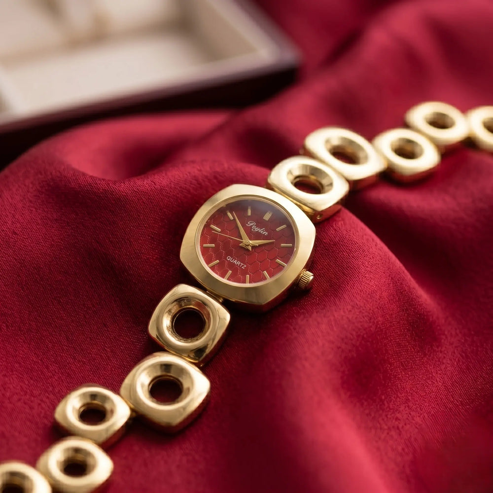 Vintage Geometric Chain Anti-Tarnish Gold Plated Watch with Maroon Dial