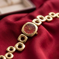 Vintage Geometric Chain Anti-Tarnish Gold Plated Watch with Maroon Dial