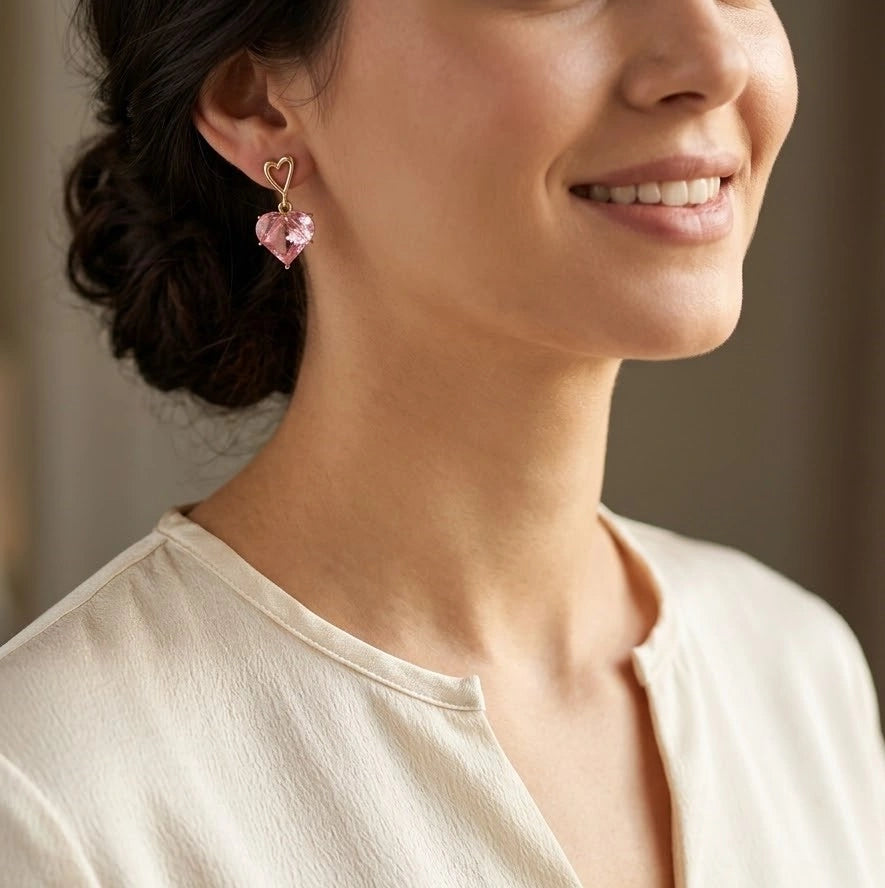 Pink Crystal Heart Drop Earrings