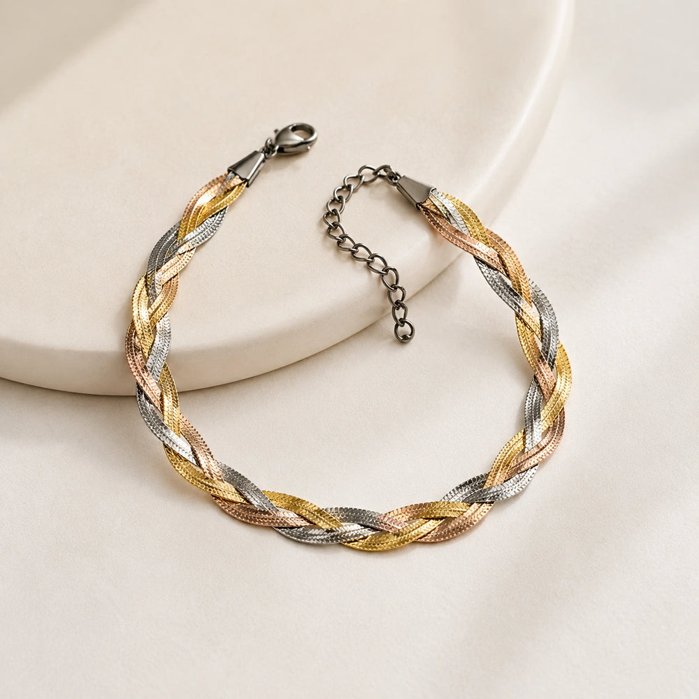 Tri-Color Braided Herringbone Bracelet - Anti-Tarnish Gold Plated
