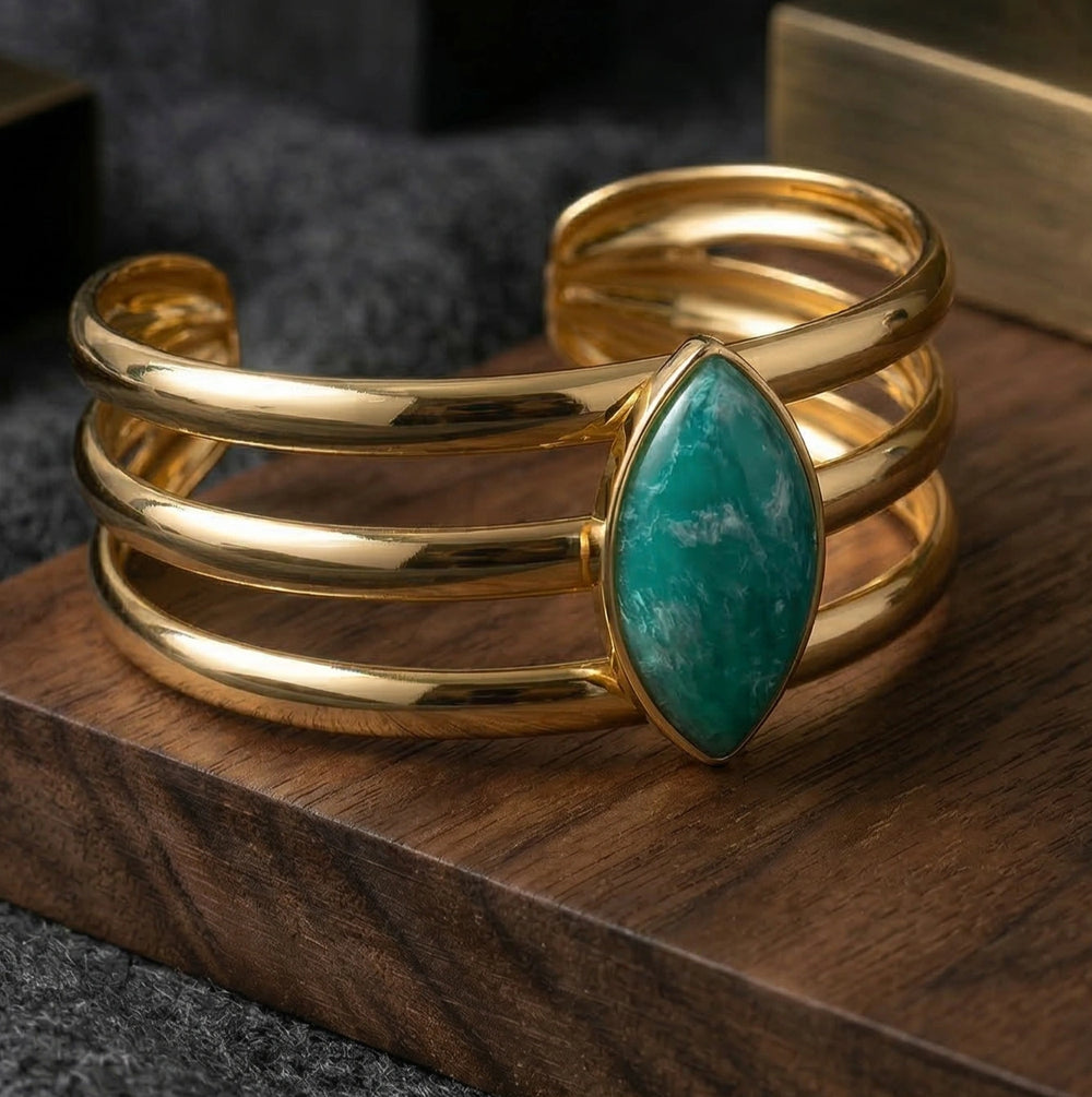 Anti-Tarnish Gold Plated Turquoise Marquise Cuff Bracelet for Women