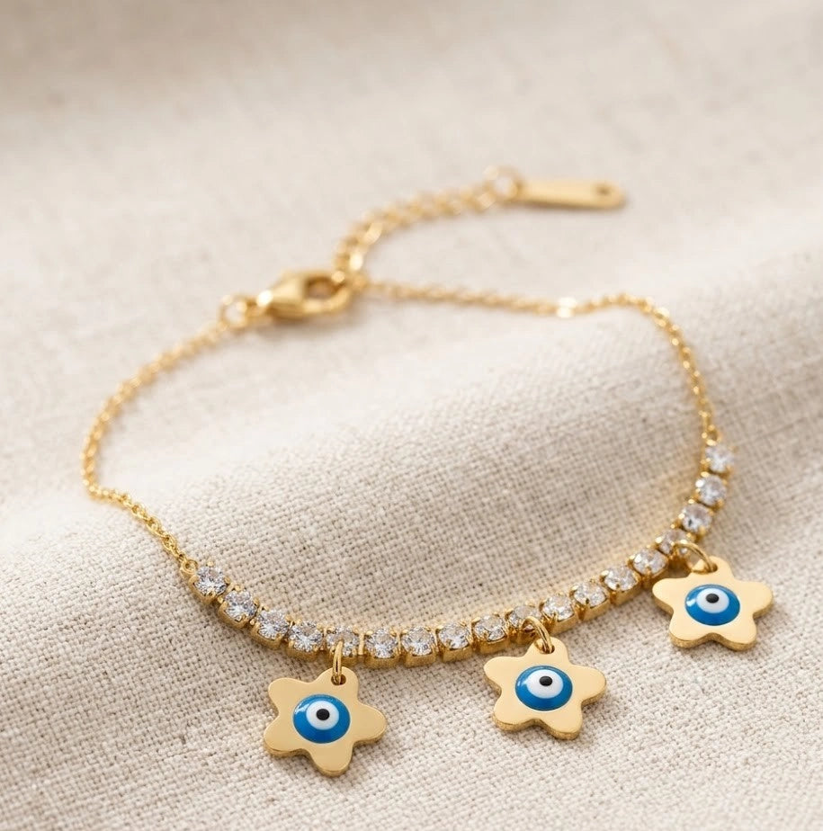 Triple Flower Evil Eye Charm Bracelet with Zirconia - Anti Tarnish