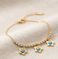 Triple Flower Evil Eye Charm Bracelet with Zirconia - Anti Tarnish